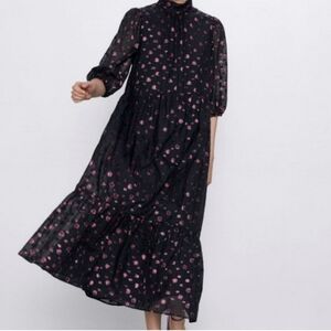 Zara Voluminous Black Metallic Pink Textured Polka Dot Puff Sleeve Tiered Dress